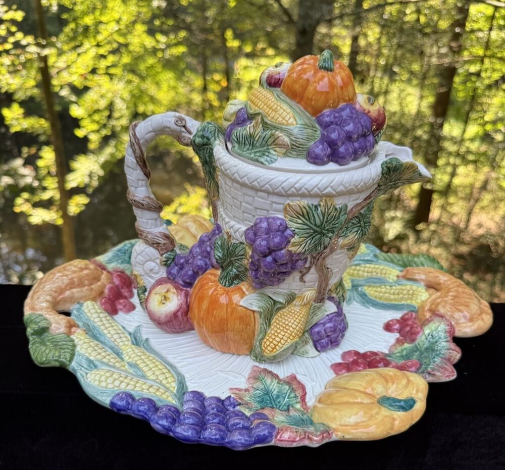 Thanksgiving 1993 Harvest Bounty Omnibus Fitz & Floyd Tea Pot & Tray Rare! EUC